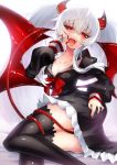  1girl bangs blush breasts cluseller demon_girl demon_horns demon_tail demon_wings evo_grim eyebrows_visible_through_hair grim_aloe hair_between_eyes horns long_hair looking_at_viewer low_wings open_mouth quiz_magic_academy_the_world_evolve red_eyes smile solo tail thighhighs twintails very_long_hair white_hair wings 
