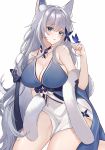  1girl animal_ear_fluff animal_ears azur_lane bangs bare_shoulders blue_butterfly blue_dress blue_eyes blue_neckwear blush breasts butterfly_on_finger cleavage dress feather_boa fox_ears grey_hair hair_between_eyes hair_ornament halter_dress hand_up highres ki-san_(konoha) large_breasts long_hair looking_at_viewer parted_lips shinano_(azur_lane) shinano_(light_of_the_hazy_moon)_(azur_lane) sideboob simple_background sleeveless sleeveless_dress solo thighs very_long_hair 
