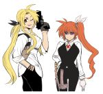  2girls blonde_hair fate_testarossa gloves gun hair_ribbon highres holster knife long_hair lyrical_nanoha mahou_shoujo_lyrical_nanoha mahou_shoujo_lyrical_nanoha_a&#039;s matsuri_kyuuta multiple_girls one_eye_closed pants ponytail red_eyes ribbon shirt simple_background takamachi_nanoha very_long_hair vest weapon white_background 