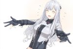  1girl ak-12_(girls_frontline) bangs black_gloves blush closed_eyes commentary_request emphasis_lines girls_frontline gloves incoming_hug kageshio_(276006) long_hair midriff_peek open_arms open_mouth partly_fingerless_gloves sidelocks silver_hair simple_background smile solo swept_bangs tactical_clothes white_background 