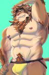 abasirisippo abs anthro armpit_hair blue_eyes body_hair brown_body brown_fur brown_mane clothed clothing eyewear felid fur green_background grin hand_above_head jockstrap lion male mammal mane muscular muscular_anthro muscular_male nipples pantherine pecs pubes sharp_teeth simple_background smile solo sunglasses teeth topless underwear vein yellow_clothing yellow_underwear 