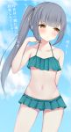  1girl bikini blush brown_eyes collarbone cowboy_shot day eyebrows_visible_through_hair frilled_bikini frills green_bikini grey_hair groin hair_ribbon highres irokari kantai_collection kasumi_(kantai_collection) long_hair navel parted_lips remodel_(kantai_collection) ribbon side_ponytail solo swimsuit translation_request white_ribbon 