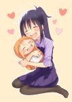  2girls :d ^_^ bangs black_hair black_legwear blonde_hair blush chibi closed_eyes doma_umaru dress eyebrows_visible_through_hair hair_between_eyes hamster_hood hijiki_(hijikini) himouto!_umaru-chan hug komaru long_hair motoba_kirie multiple_girls open_mouth pantyhose ponytail purple_dress sidelocks simple_background sitting size_difference smile wariza yellow_background 