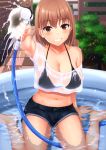  1girl absurdres airi_(satosi) bangs bare_shoulders bikini black_bikini blush breasts cleavage collarbone highres hose large_breasts looking_at_viewer navel orange_eyes orange_hair original satosi short_hair sitting smile swimsuit thighs wading_pool wariza water wet 