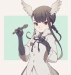  1girl bangs bird_wings black-headed_ibis_(kemono_friends) black_gloves black_hair black_neckwear braid commentary_request cowgirl_position elbow_gloves eyebrows_visible_through_hair frilled_sleeves frills fur_collar gloves head_wings kemono_friends kemono_friends_3 long_sleeves microphone namihaya neck_ribbon pleated_skirt ribbon shirt short_hair_with_long_locks skirt solo straddling twin_braids white_fur white_shirt white_skirt wings 