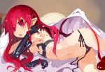  1girl alternate_hairstyle bat_wings bed_sheet bikini bracelet clothing_cutout demon_tail disgaea elbow_gloves etna eyebrows_visible_through_hair flat_chest gloves gloves_removed hair_between_eyes hair_down heart_cutout highres jewelry long_hair looking_at_viewer lying makai_senki_disgaea miyakawa106 navel on_side pointy_ears red_eyes red_hair side-tie_bikini sidelocks sweat swimsuit tail tongue tongue_out wings 