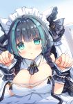  1girl azur_lane bangs black_hair blue_hair blush breasts cheshire_(azur_lane) cleavage collared_shirt commentary_request crescent eyebrows_visible_through_hair green_eyes hair_between_eyes hands_up highres large_breasts leg_up looking_at_viewer lying multicolored_hair no_shoes on_stomach pantyhose parted_lips paw_pose satsuki_yukimi shirt sleeveless sleeveless_shirt solo streaked_hair white_legwear white_shirt wrist_cuffs 