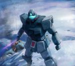  beam_saber clenched_hand gm_cold_districts_type gundam gundam_0080 holding holding_sword holding_weapon hygogg mecha no_humans solo standing sword tundra visor weapon wreckage yi_gesang 
