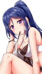  1girl blue_hair blush bracelet breasts cleavage eyebrows_visible_through_hair food from_side hand_up head_tilt highres jewelry large_breasts long_hair looking_at_viewer looking_to_the_side love_live! love_live!_sunshine!! matsuura_kanan mouth_hold pocky purple_eyes simple_background solo white_background yopparai_oni 