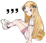  1girl abigail_williams_(fate/grand_order) bangs black_bow blonde_hair blue_eyes bow breasts contemporary ddari fate/grand_order fate_(series) forehead hair_bow highres long_hair looking_at_viewer multiple_bows orange_bow parted_bangs pink_shorts polka_dot polka_dot_bow shirt shoes short_shorts short_sleeves shorts simple_background small_breasts smile sneakers white_background white_shirt 