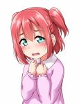  1girl blush child d: dress green_eyes kurosawa_ruby long_sleeves looking_at_viewer love_live! love_live!_sunshine!! medium_hair open_mouth pink_dress red_hair simple_background solo two_side_up upper_body white_background yopparai_oni younger 