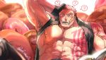  1boy ? abs armpit_hair armpits bara bare_chest bazaraga_no_shujii charlotte_katakuri chest doughnut food hand_on_head highres leather male_focus muscle navel nipples one_piece pants pink_eyes pink_hair short_hair sketch solo spikes spoken_question_mark stitches sweatdrop tattoo toned toned_male upper_body 