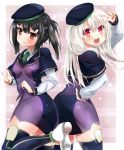  2girls absurdres ass atlas_academy_uniform bangs beret black_hair blue_capelet blue_headwear blue_legwear blush border breasts brown_eyes capelet closed_mouth dress fate/grand_order fate/kaleid_liner_prisma_illya fate_(series) hair_ornament hairclip hand_on_hip hat highres illyasviel_von_einzbern long_hair long_sleeves looking_at_viewer miyu_edelfelt momoiro_tanuki multiple_girls open_mouth pink_background purple_dress red_eyes small_breasts smile thighhighs thighs twintails v white_border white_footwear white_hair 