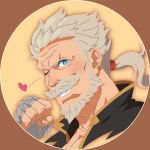  1boy bandages beard blue_eyes chest close-up earrings face facial_hair granblue_fantasy grey_hair heart highres jewelry long_hair looking_at_viewer manly mustache old_man one_eye_closed portrait smith_(ardp13) soriz tied_hair 