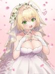  1girl :d absurdres ahoge bangs bare_shoulders blonde_hair blush breasts bridal_veil cleavage collarbone commentary_request cowgirl_position detached_collar dress eyebrows_visible_through_hair fate/grand_order fate_(series) fingernails flower gradient gradient_background green_eyes hair_between_eyes hair_flower hair_intakes hair_ornament hands_on_own_chest heart highres kachin large_breasts looking_at_viewer nero_claudius_(bride)_(fate) nero_claudius_(fate)_(all) open_mouth own_hands_together petals pink_background short_hair smile solo straddling strapless strapless_dress twitter_username veil white_dress white_flower 
