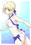  1girl ahoge artoria_pendragon_(all) bangs bikini blonde_hair blue_ribbon braid breasts butt_crack cleavage closed_mouth commentary cowboy_shot criss-cross_halter eyebrows_visible_through_hair fate/stay_night fate_(series) from_side green_eyes hair_ribbon halterneck kouda_tomohiro leaning_forward looking_at_viewer medium_breasts outside_border ribbon saber short_hair side-tie_bikini smile solo standing swimsuit white_bikini 