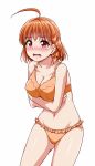 1girl ahoge bikini blush bow braid breasts cleavage covering cowboy_shot d: hair_bow large_breasts leaning_forward looking_at_viewer love_live! love_live!_sunshine!! navel open_mouth orange_bikini orange_bow orange_hair red_eyes side_braid simple_background solo swimsuit takami_chika white_background yopparai_oni 