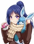  1girl blue_hair brown_jacket closed_mouth eyebrows_visible_through_hair fingernails gen_4_pokemon glaceon hands_up holding holding_poke_ball jacket long_sleeves looking_at_viewer love_ball love_live! love_live!_sunshine!! matsuura_kanan on_shoulder poke_ball pokemon_(creature) pokemon_on_shoulder purple_eyes scarf simple_background smile solo white_background yellow_scarf yopparai_oni 
