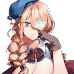  anchor beret blonde_hair blue_eyes braid braided_ponytail breasts bug butterfly cleavage collar collared_shirt des_moines_(warship_girls_r) eyebrows_visible_through_hair finger_to_chin gloves hair_between_eyes hair_ornament hat insect large_breasts mkiiiiii necktie shirt smile warship_girls_r 