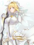  1girl absurdres aestus_estus ahoge bangs blonde_hair blush bodysuit breasts bridal_veil chain fate/extra fate/extra_ccc fate_(series) full-length_zipper green_eyes hair_intakes head_wreath highres kamehito large_breasts lock looking_at_viewer nero_claudius_(bride)_(fate) nero_claudius_(fate)_(all) padlock smile veil white_bodysuit zipper 