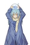  1other androgynous bangs blue_hair closed_mouth dual_persona eyebrows_visible_through_hair fur fur_collar fur_trim hair_between_eyes hands_above_head highres long_hair looking_at_viewer rimuru_tempest scarf simple_background slime smile tensei_shitara_slime_datta_ken white_background yellow_eyes yilocity 