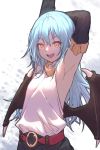 1other androgynous armpits bangs belt blue_hair breasts detached_sleeves eyebrows_visible_through_hair hair_between_eyes highres long_hair long_sleeves looking_at_viewer open_mouth outline rimuru_tempest simple_background smile solo tensei_shitara_slime_datta_ken very_long_hair wings yellow_eyes yilocity 