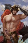  1boy abs armpits bar_censor bara beard belt bird body_hair brown_eyes brown_hair censored chaps chest chest_hair cigar cloud cloudy_sky cowboy_hat cum eagle erection facial_hair hat highres looking_at_viewer male_focus manly mccree_(overwatch) muscle nipples overwatch penis shirtless short_hair sky smile solo vian 