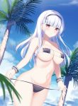  1girl azur_lane bangs bare_shoulders beach bikini black_hairband blue_sky blunt_bangs blush bracelet breasts closed_mouth cloud coconut_tree collarbone commentary_request cowboy_shot day dido_(azur_lane) eyebrows_visible_through_hair eyepatch_bikini frilled_bikini frills from_below hair_ornament hairband highres holding holding_bikini jewelry large_breasts lin_(user_uzmw2535) long_hair looking_at_viewer navel outdoors palm_tree silver_hair sky sleeveless smile solo standing strapless strapless_bikini swimsuit tree untied untied_bikini 