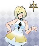  1girl artist_name bangs bare_arms bare_shoulders blonde_hair breasts checkered checkered_background commentary cowboy_shot dress emblem_request english_commentary gem gradient gradient_background green_eyes hair_over_one_eye hand_on_hip highres layered_dress long_hair looking_at_viewer lusamine_(pokemon) medium_breasts multicolored multicolored_clothes multicolored_hair one_eye_covered outline pantyhose pointing pokemon pokemon_(game) pokemon_sm see-through short_dress short_hair signature sleeveless sleeveless_dress smile solo streaked_hair thegreyzen white_dress white_legwear white_outline 