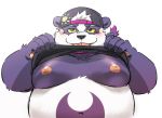  2020 alp_(tas) anthro belly black_nose blush clothed clothing fur giant_panda hat headgear headwear hi_res humanoid_hands kemono male mammal moobs nipples open_clothing open_shirt open_topwear overweight overweight_anthro overweight_male purple_body purple_fur rossciaco shirt simple_background solo tokyo_afterschool_summoners topwear ursid video_games white_background white_body white_fur 