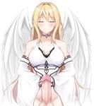 1girl absurdres angel angel_wings bare_shoulders blonde_hair blush choker closed_eyes closed_mouth collarbone detached_sleeves dinosaurus_(azimangasaurus) english_commentary erection existence eyebrows_visible_through_hair facing_viewer feathered_wings futanari game_cg gem highres light_smile male-female_symbol penis rhea_(existence) simple_background solo standing testicles white_background white_sleeves white_wings wings 