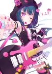  1girl bangs black_jacket blue_hair cowboy_shot dated detached_sleeves electric_guitar garter_straps guitar highres holding holding_instrument hood hood_up hooded_jacket instrument jacket kitahara_tomoe_(kitahara_koubou) long_hair love_live! love_live!_sunshine!! mouth_hold nail_polish one_eye_closed pleated_skirt plectrum red_eyes red_nails simple_background skirt sleeveless sleeveless_jacket solo striped striped_legwear thighhighs tsushima_yoshiko twitter_username unzipped white_background white_skirt 