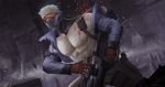  1boy abs bara blood blood_splatter chest fighting_stance gauntlets glowing jacket male_focus mask muscle nipples overwatch pants soldier:_76_(overwatch) solo torn_clothes vian visor weapon_request white_hair 