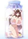  1girl absurdres animal_ears azur_lane bandaid bandaid_on_head bikini bottle breasts brown_hair chatra cow_ears cow_girl cow_horns cow_tail crossed_bandaids flower highres horns huge_breasts in_bottle in_bubble in_container kashino_(after-bath_pleasure)_(azur_lane) kashino_(azur_lane) long_hair manjuu_(azur_lane) milk_bottle multi-strapped_bikini purple_eyes solo swimsuit tail very_long_hair white_bikini white_flower 