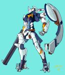  blue_background clenched_hand gun highres holding holding_gun holding_weapon looking_ahead mecha moi_moi7 no_humans original science_fiction solo standing visor weapon 