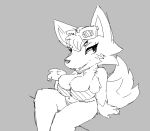  amphlow animal_crossing anthro audie_(animal_crossing) big_breasts bikini breasts canid canine cleavage clothed clothing female fox huge_breasts mammal monochrome nintendo short_stack sitting solo swimwear tight_clothing video_games 