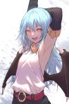  1other androgynous armpits bangs belt blue_hair breasts detached_sleeves eyebrows_visible_through_hair hair_between_eyes highres long_hair long_sleeves looking_at_viewer open_mouth rimuru_tempest simple_background smile solo tensei_shitara_slime_datta_ken very_long_hair wings yellow_eyes yilocity 