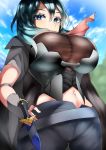  1girl absurdres blue_eyes breasts byleth_(fire_emblem) byleth_(fire_emblem)_(female) fire_emblem fire_emblem:_three_houses green_hair highres knife large_breasts looking_at_viewer looking_down midriff midriff_cutout midriff_peek navel shirt shorts sky solo tea_texiamato 