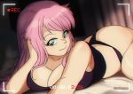  1990s_(style) 1girl akkasayu artist_name bangs black_panties breasts brown_eyes cleavage english_commentary film_grain highres large_breasts long_hair looking_at_viewer lying on_bed on_stomach original panties pink_hair recording solo underwear 