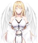  1girl absurdres angel angel_wings bare_shoulders blonde_hair choker closed_eyes closed_mouth collarbone detached_sleeves dinosaurus_(azimangasaurus) dress english_commentary existence eyebrows_visible_through_hair facing_viewer feathered_wings game_cg gem highres male-female_symbol rhea_(existence) sideless_outfit sidelocks simple_background solo standing white_background white_dress white_sleeves white_wings wings 