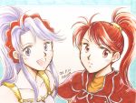  2girls :o dated fire_emblem fire_emblem:_genealogy_of_the_holy_war fire_emblem:_path_of_radiance highres ishtar_(fire_emblem) jill_(fire_emblem) kaura looking_at_viewer looking_to_the_side looking_up multiple_girls open_mouth ponytail purple_eyes purple_hair red_eyes red_hair smile tied_hair trait_connection 
