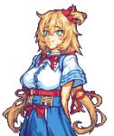  akai_haato arms_behind_back blonde_hair blue_eyes blue_skirt breasts english_commentary fire_emblem glaceo happy_birthday hololive large_breasts long_hair looking_ahead parody pixel_art skirt style_parody transparent_background very_long_hair virtual_youtuber 