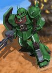  1980s_(style) azumasix clenched_hand graphite_(medium) gun gundam highres holding holding_gun holding_weapon mecha mobile_suit_gundam no_humans oldschool one-eyed pink_eyes solo traditional_media weapon zaku_ii zeon 