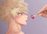  1boy 1other bakugou_katsuki bangs blonde_hair boku_no_hero_academia candy collarbone commentary_request face food from_side gradient gradient_background grey_background hane_tomo_yazama highres holding lollipop male_focus open_mouth profile red_eyes saliva saliva_trail short_hair solo_focus spiked_hair teeth tongue tongue_out 