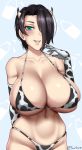  1girl alternate_costume animal_print aqua_eyes blue_background bottle breasts cow_girl cow_horns cow_print elbow_gloves glass_bottle gloves hair_over_one_eye horns huge_breasts milk milk_bottle navel original patterned_background saya_(twrlare) short_hair smile twitter_username twrlare 