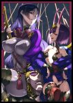  1boy 2girls :d armpits bare_shoulders blonde_hair breasts covered_navel covered_nipples eyeliner fate/grand_order fate_(series) horns lips long_hair looking_at_viewer makeup maxwell&#039;s_demon_(fate) medium_breasts minamoto_no_raikou_(fate/grand_order) multiple_girls navel oni oni_horns open_mouth parted_lips purple_eyes purple_hair short_hair shuten_douji_(fate/grand_order) small_breasts smile sunglasses teeth z-ton 