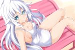  1girl absurdres bare_shoulders black_heart blue_eyes blush breasts cleavage eyebrows_visible_through_hair highres iwasi-r long_hair looking_at_viewer medium_breasts neptune_(series) one-piece_swimsuit sitting solo swimsuit symbol-shaped_pupils very_long_hair white_hair white_swimsuit 