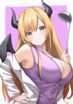  1girl bangs bare_shoulders blonde_hair blush breast_tattoo breasts cleavage demon_girl demon_horns demon_wings green_eyes hair_between_eyes hand_on_hip highres holding holding_ladle hololive horn_ornament horns labcoat ladle large_breasts long_hair looking_at_viewer menmen_(ijnwfpaihpufxox) off-shoulder_jacket pink_shirt pointy_ears resizing_artifacts shirt sleeveless sleeveless_shirt smile solo tattoo upper_body virtual_youtuber wings yuzuki_choco 