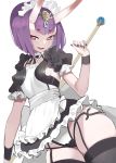  1girl :d apron bangs black_legwear black_nails blush breasts eyeliner fangs fate/grand_order fate_(series) garter_straps hair_ornament heart heart-shaped_pupils highres hikimayu horns looking_at_viewer maid maid_apron maid_headdress makeup oni oni_horns open_mouth purple_eyes purple_hair short_hair shuten_douji_(fate/grand_order) simple_background smile solo symbol-shaped_pupils thighhighs white_background wtcolor 