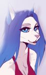  anthro blue_eyes blue_hair breasts catherinemeow clothed clothing domestic_cat felid feline felis female fur hair hi_res mammal open_mouth open_smile simple_background smile solo white_body white_fur 